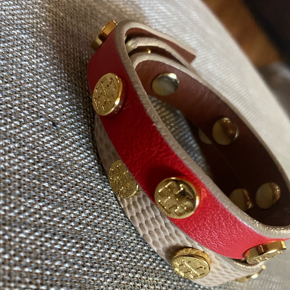 Tory Burch Leather logo stud double wrap bracelet